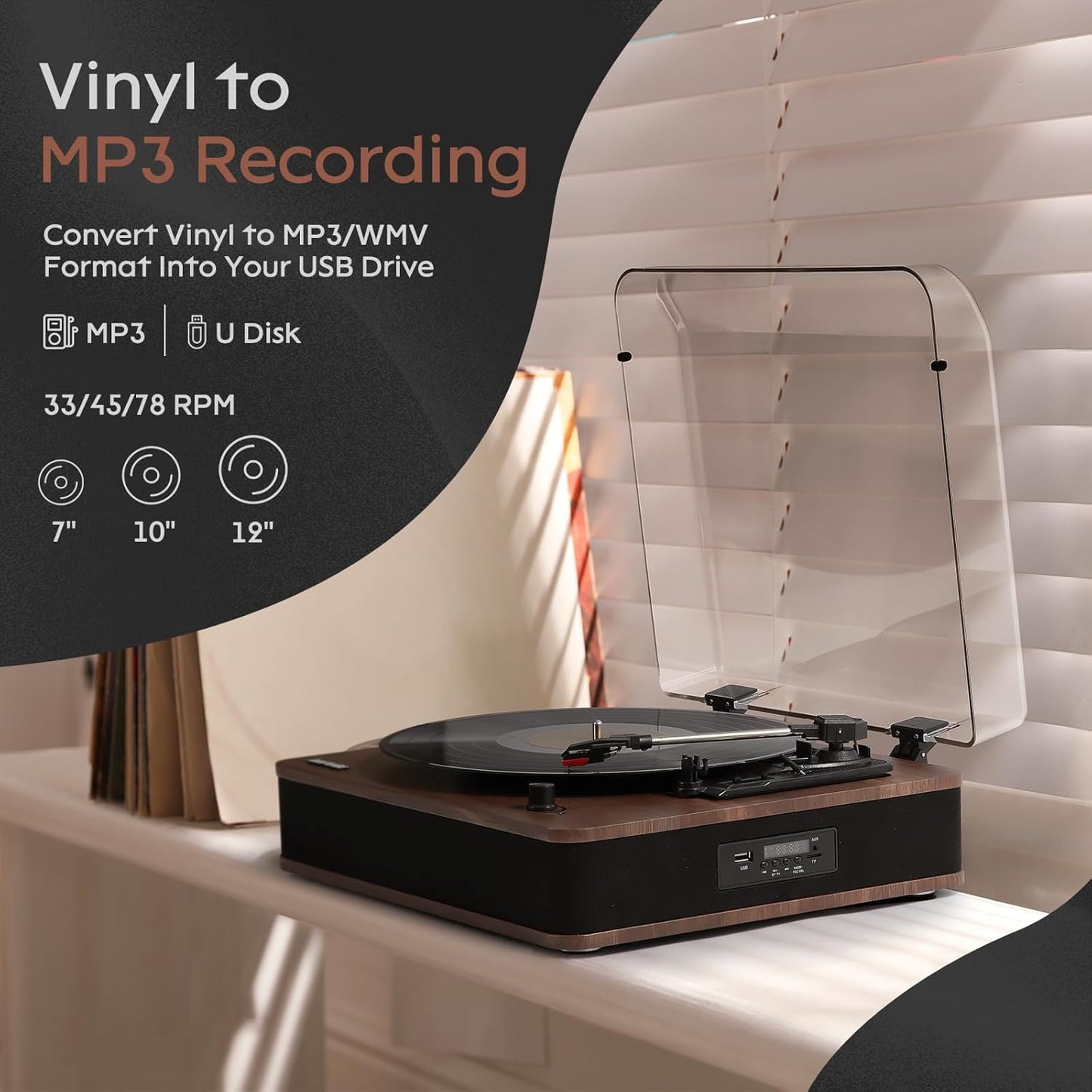 Tocadiscos Retrospiler, con Bluetooth, Radio FM, USB, SD Y MP3.