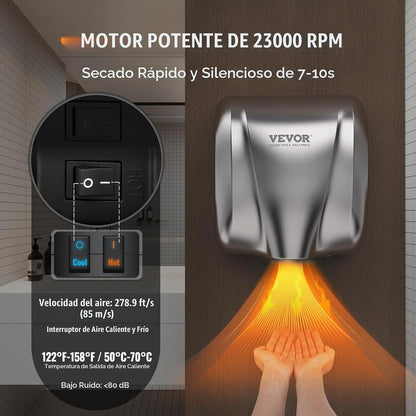 Secador de manos VEVOR de acero inoxidable montado en pared de baño comercial — vista 3