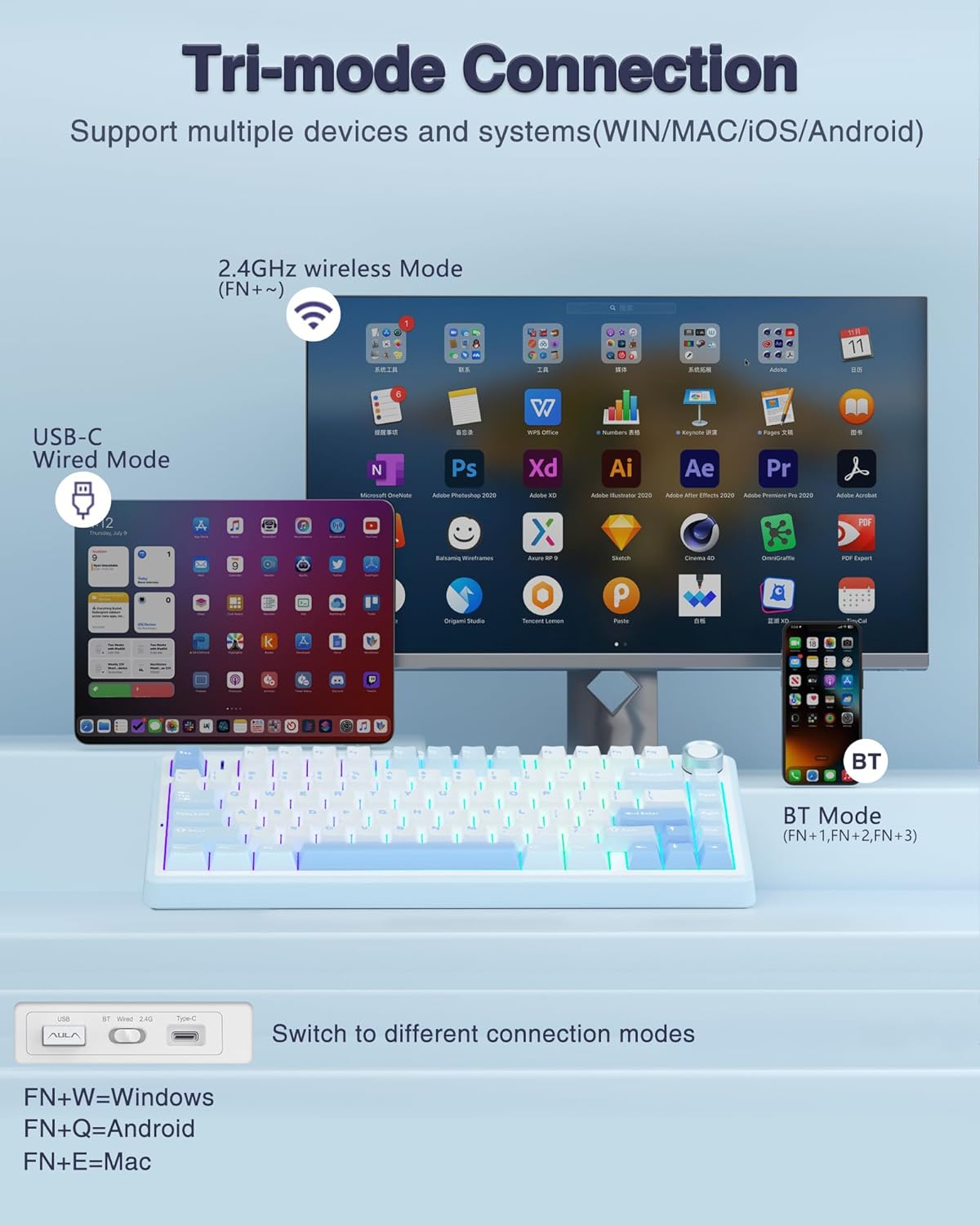 AULA F75 75% teclado mecánico inalámbrico, teclados para juegos RGB retroiluminados, 2.4GHz/Tipo-C/BT5.0