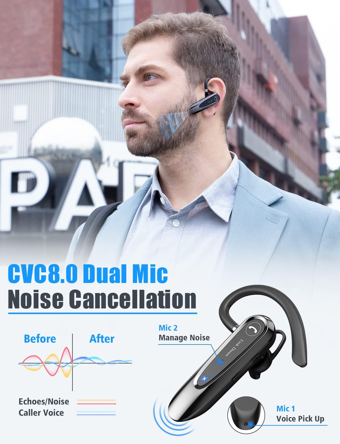 Link Dream - Auricular Bluetooth inalámbrico CVC8.0 para teléfono celular.