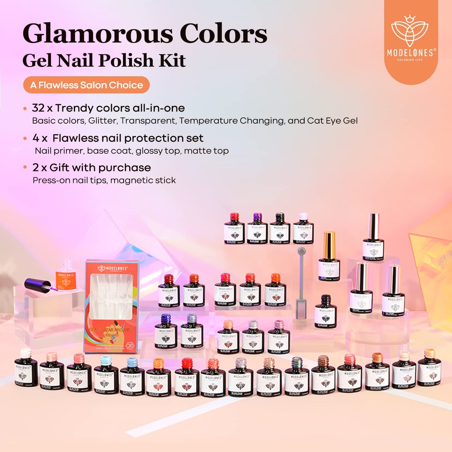 Modelones, Kit de 38 esmaltes de uñas en gel, Colores B-Glamorous.