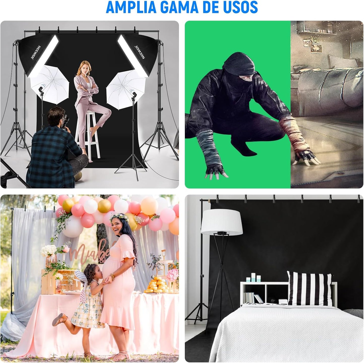 Luz Continua Fotografía Kit con Fondos, 8.5x10ft Soportes, 5700K 800W Equivalentes 24W