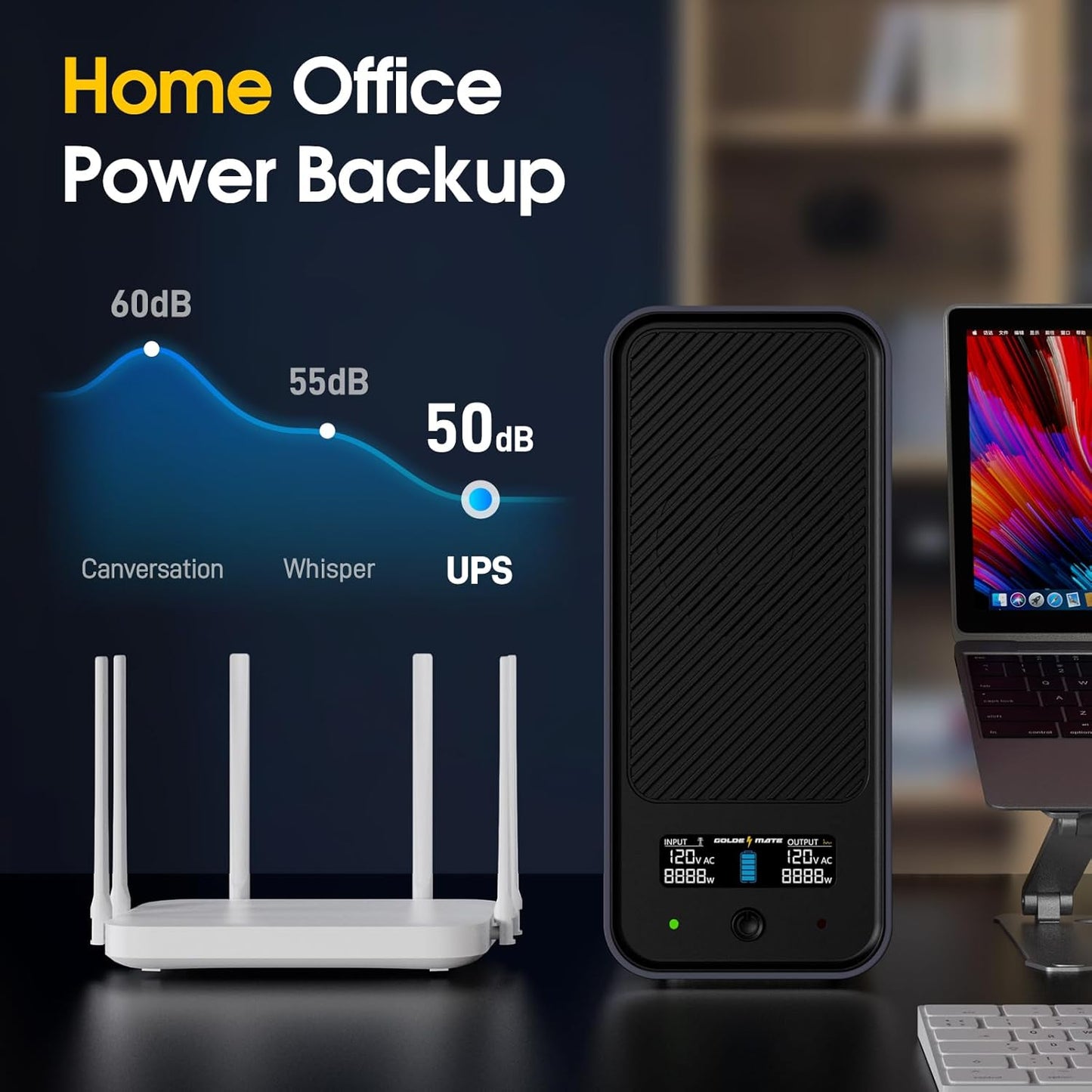 Fuente de alimentación, protector de sobretensiones y batería.