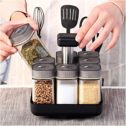 Estante giratorio para especias, juego de 8 frascos de cristal.
