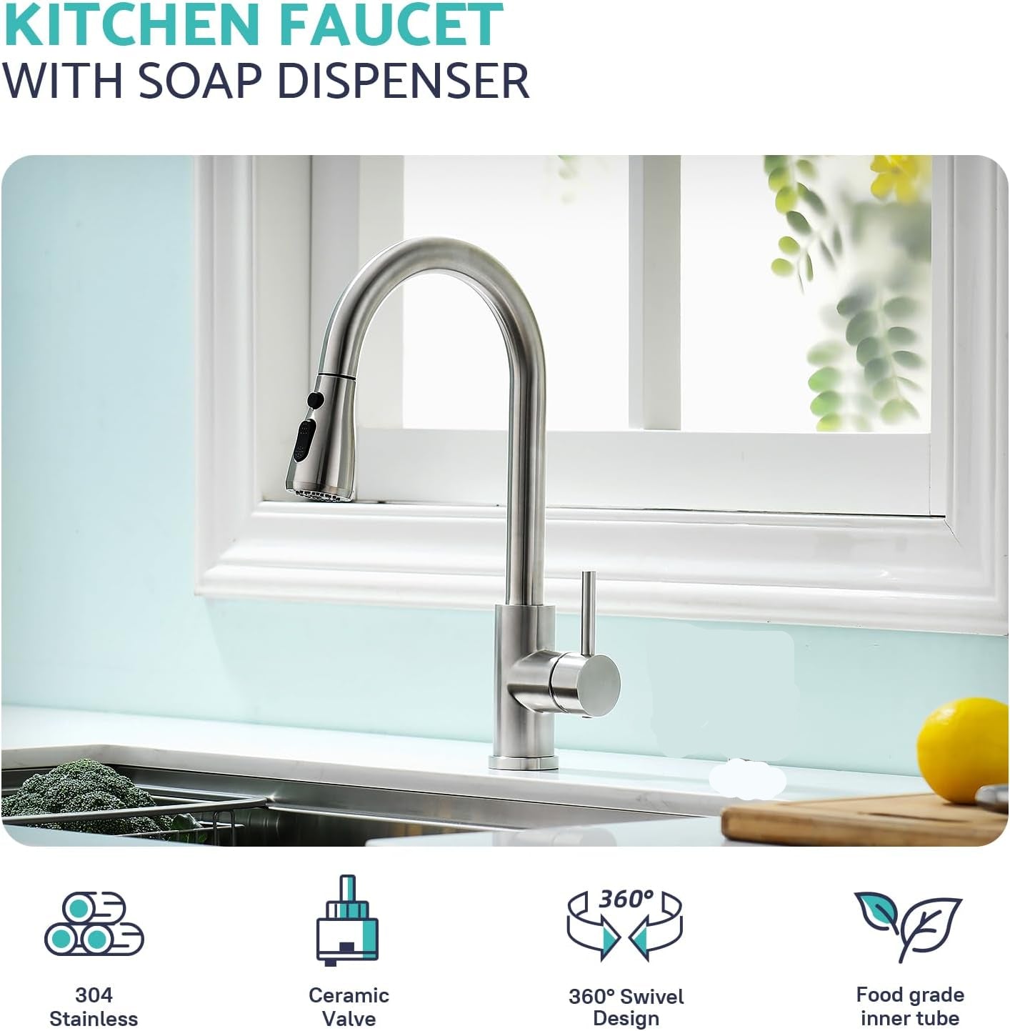 Grifo de fregadero de cocina, níquel cepillado, rociador desplegable.