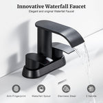 Grifo de baño de cascada negra, 4 pulgadas para 3 agujeros con drenaje desplegable.