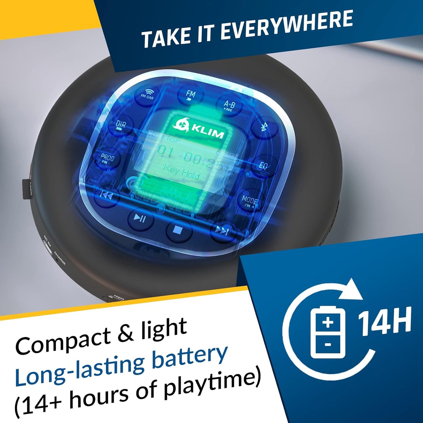Reproductor de CD portátil, KLIM Journey, radio FM, tarjeta SD.