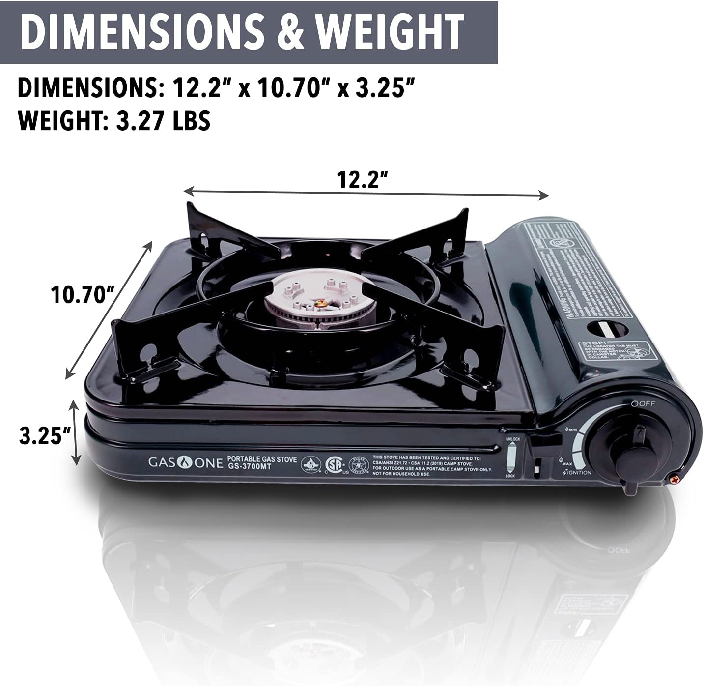 Estufa de gas butano portátil de 10.000 BTU con estuche (DETALLE).