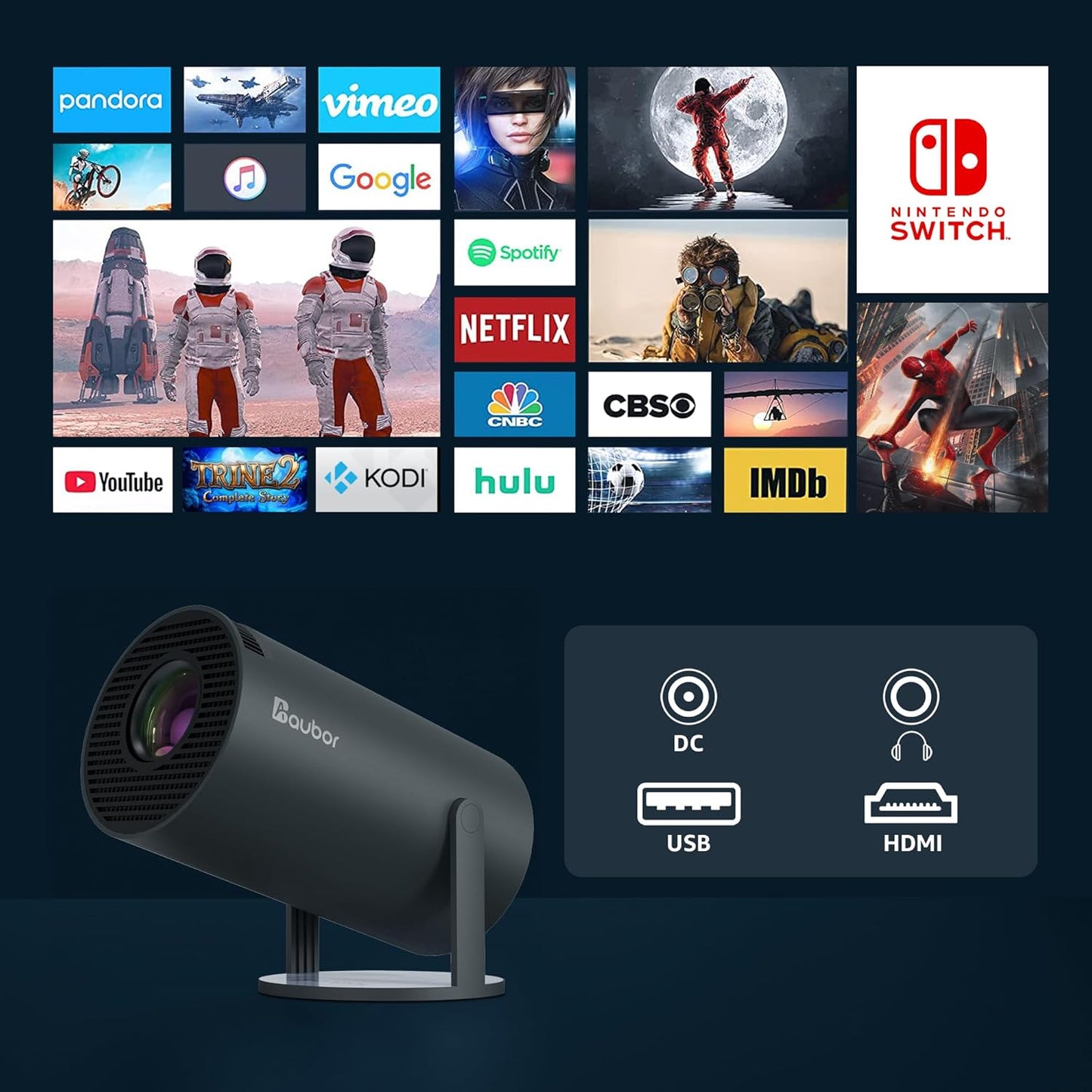 Aubor Mini proyector con Android TV 11.0, 1080P con WiFi 5G y Bluetooth