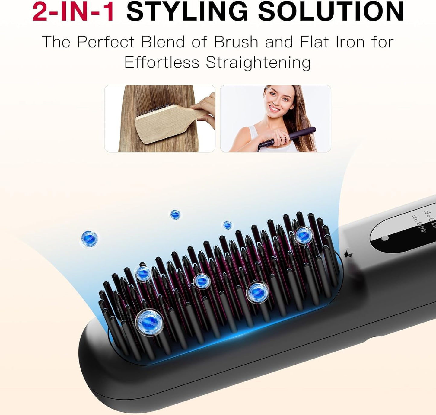Cepillo alisador de cabello, 6 temperaturas, iones negativos.