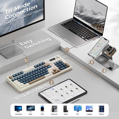 Teclado para juegos AULA S99 Pro, visualización y perilla multimedia.