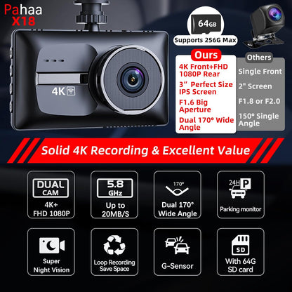 Dash Cam 4K Delantera y Trasera WiFi Visión Nocturna