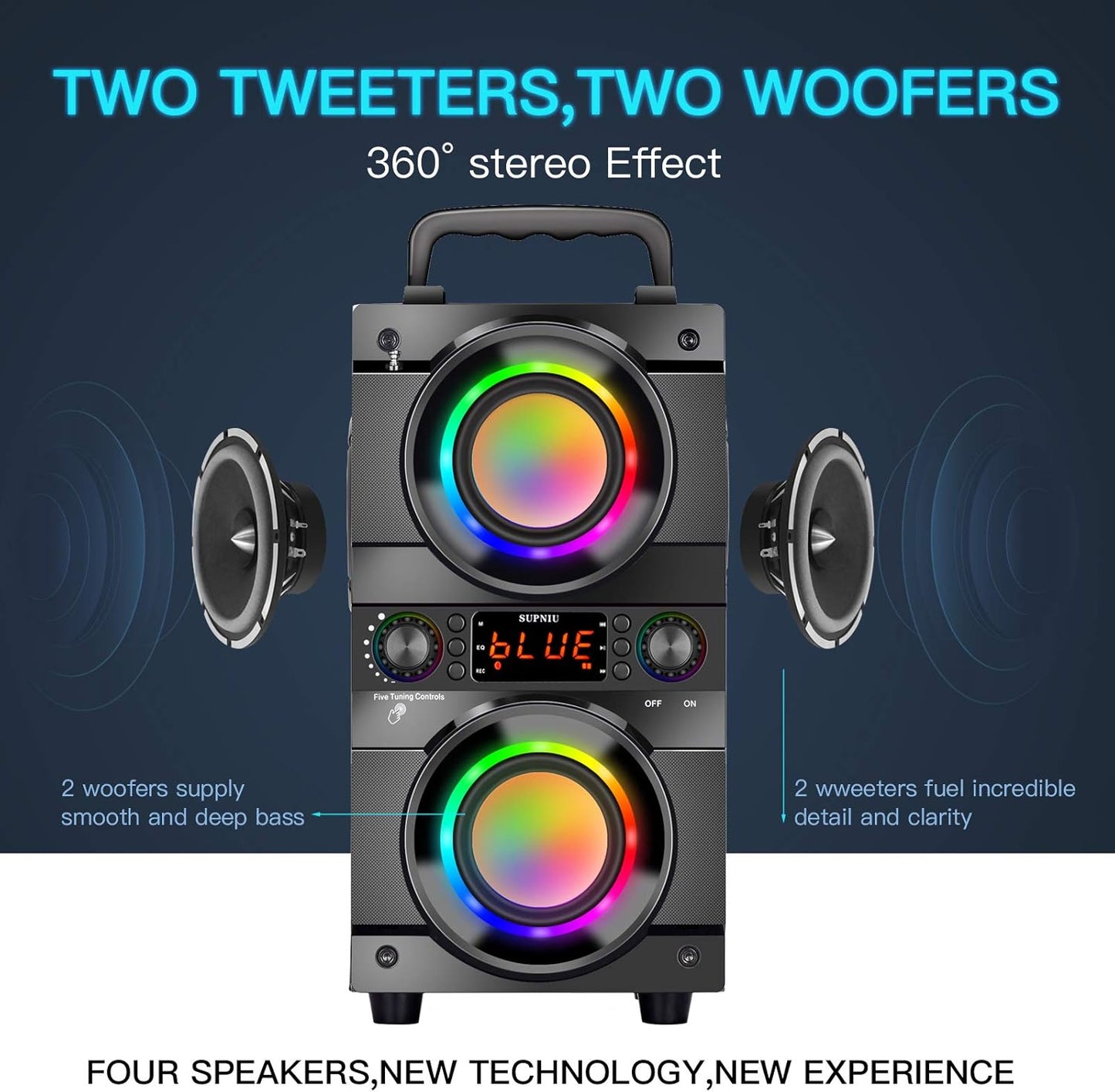Altavoz Bluetooth portátil de 60 W (pico de 80 W) con doble subwoofer.