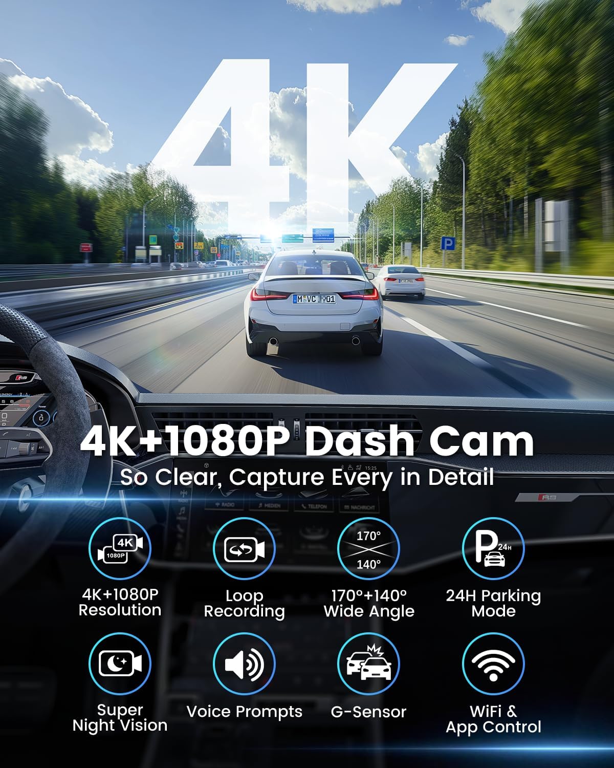 Dash Cam delantera y trasera 4K, cámara WiFi para coche.