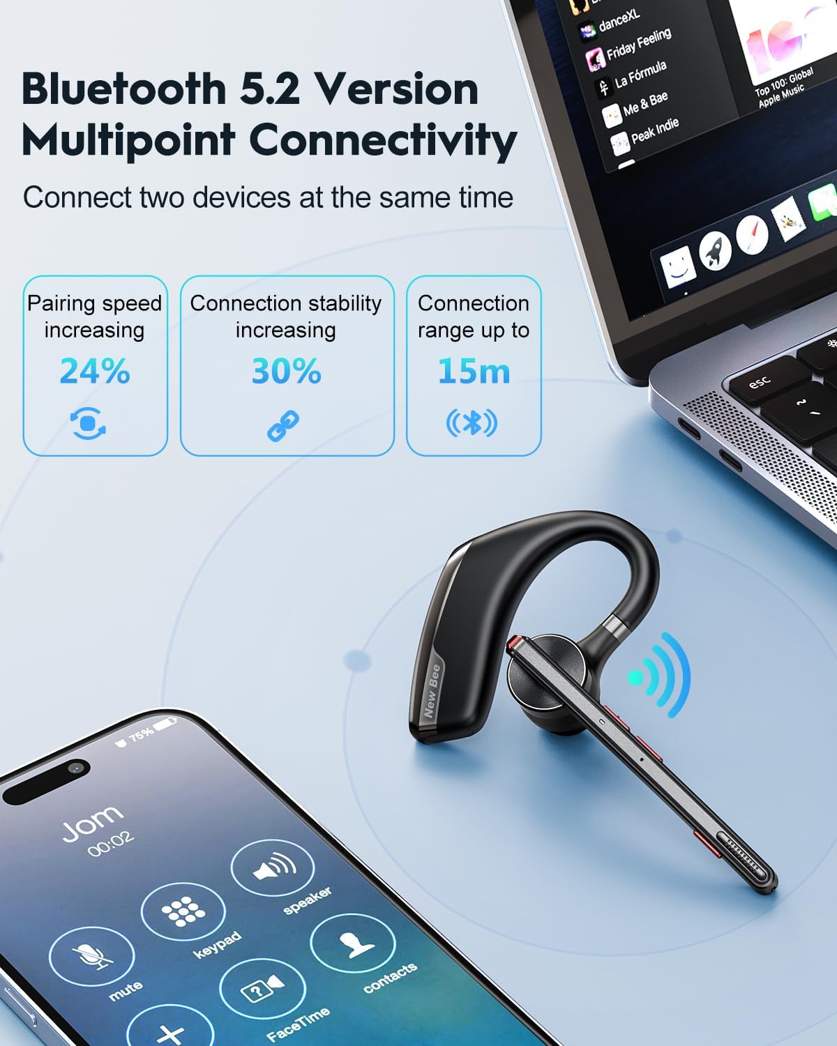 New bee Auricular Bluetooth,Auriculares Manos Libres.