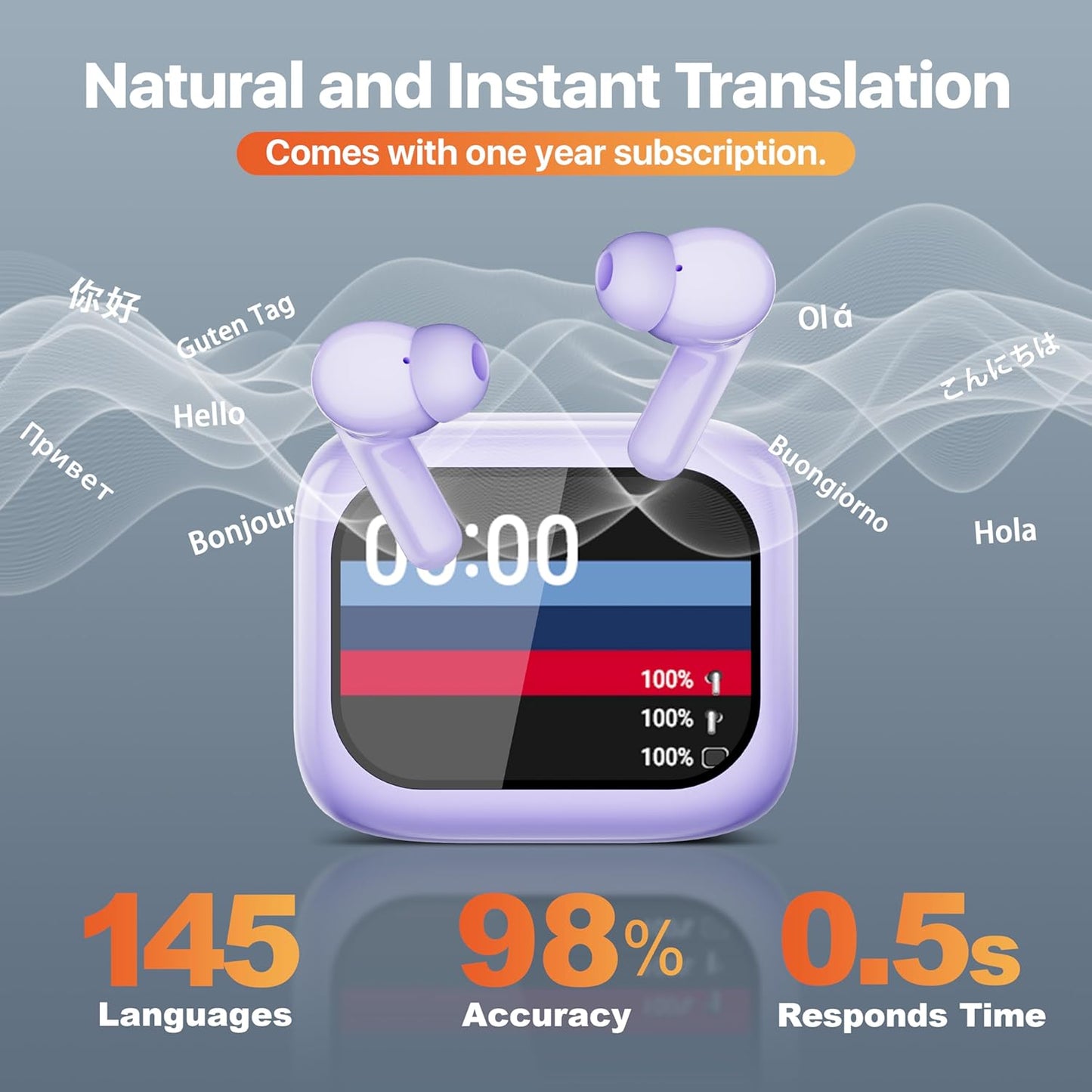 Auriculares con traductor de idiomas AI,en tiempo real.MORADOS