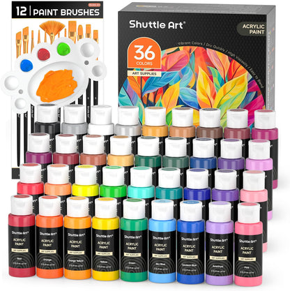 Juego de pintura acrílica Shuttle Art de 36 colores, 60 ml 12 pinceles