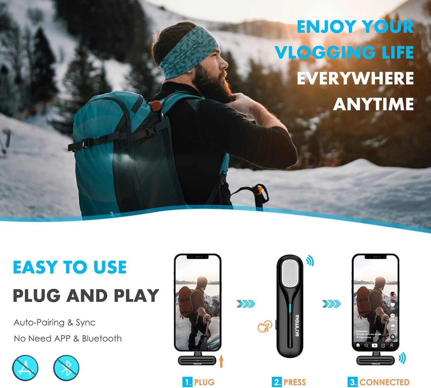 Micrófono inalámbrico Lavalier, con funda de carga, Plug & Play.