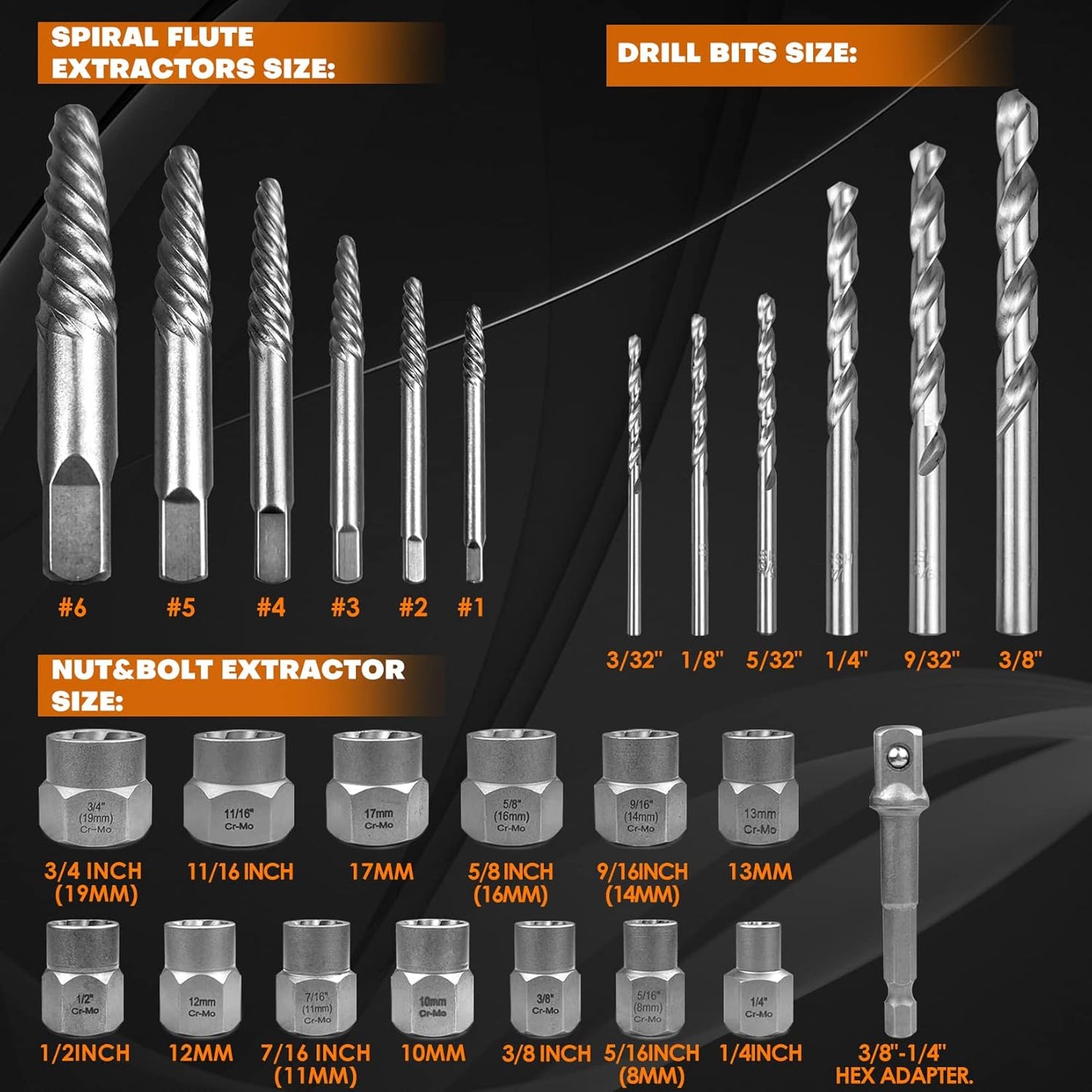 ACROTOL Juego de 26 extractores de pernos, (USADO).