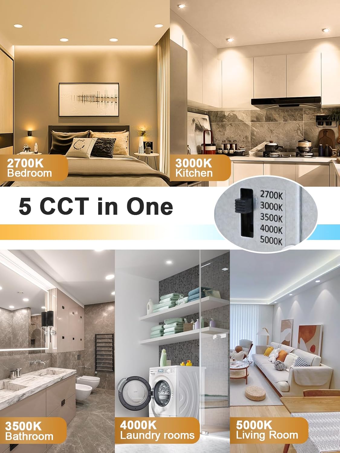 Foco (6) giratorio de cardán empotrado 5 CCT Y 3 CCT  3" lámpara de techo