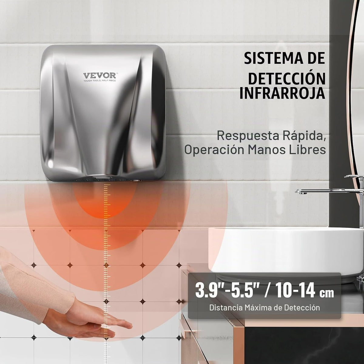 Secador de manos VEVOR de acero inoxidable montado en pared de baño comercial — vista 4