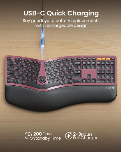 ProtoArc, Teclado ergonómico Bluetooth retroiluminado, recargable.