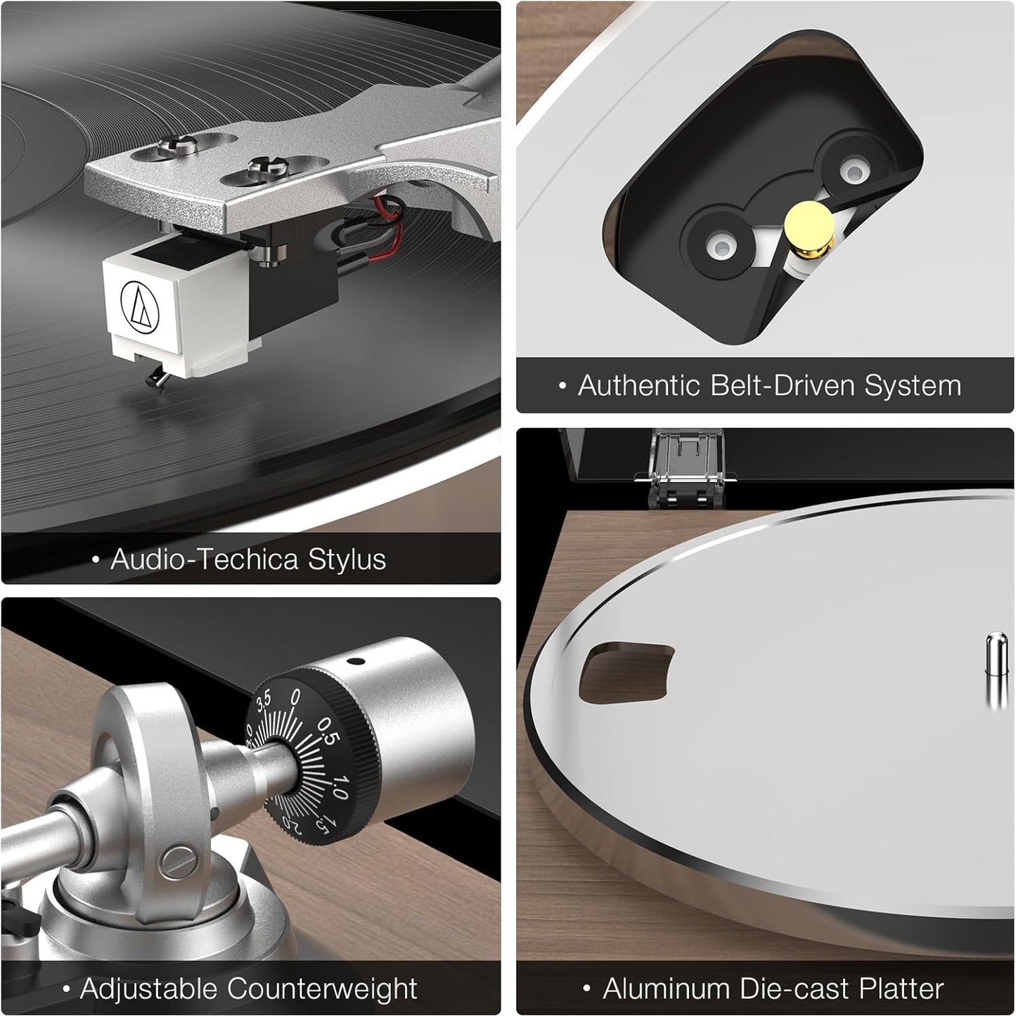 Reproductor de discos, transmisión por correa, 33-45 rpm.