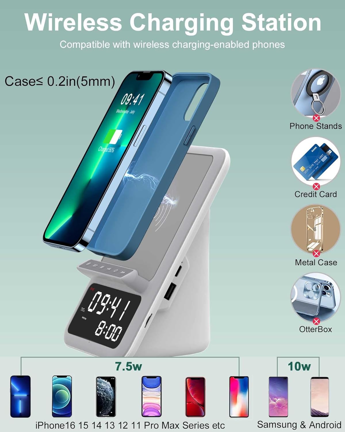 Estación, carga inalámbrica, altavoz Bluetooth, reloj despertador.