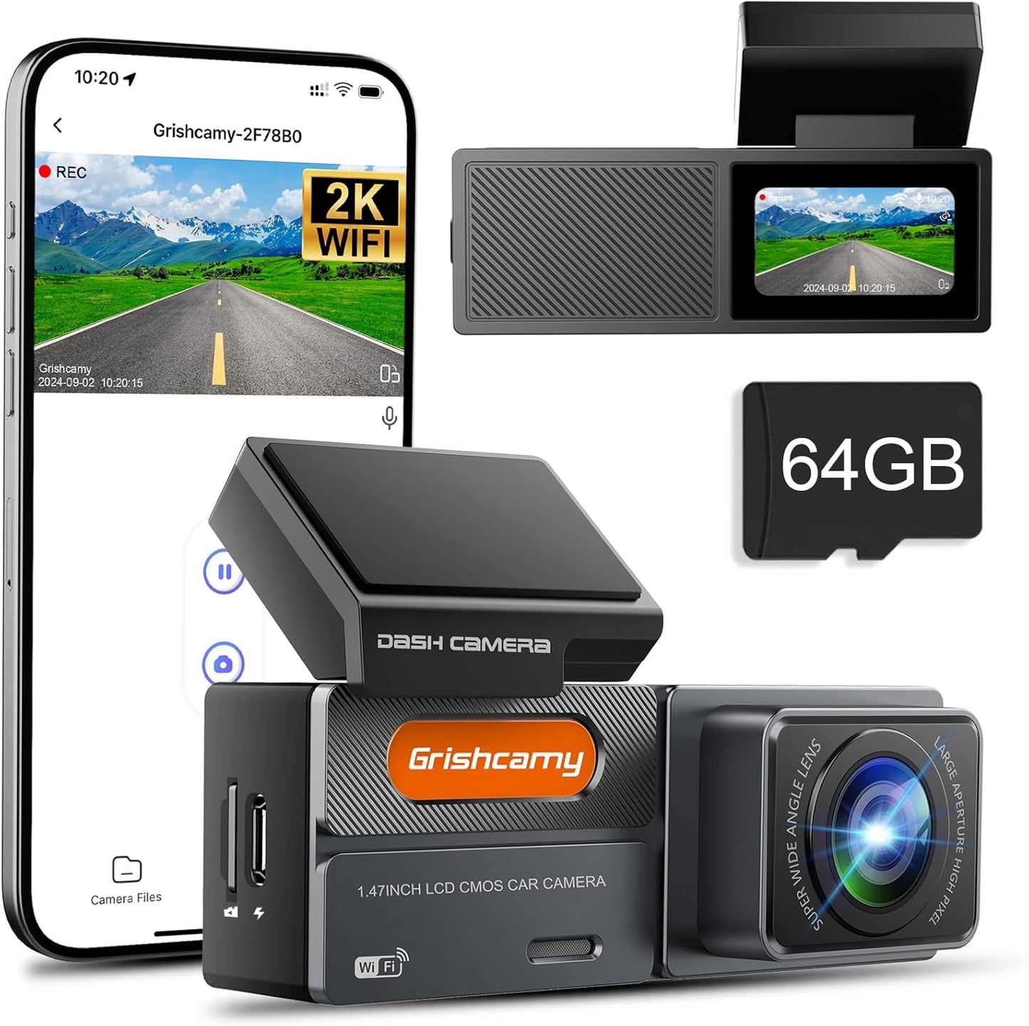 Dashcam, grabación en Bucle, Sensor G, WiFi 2K, Tarjeta SD 64GB.