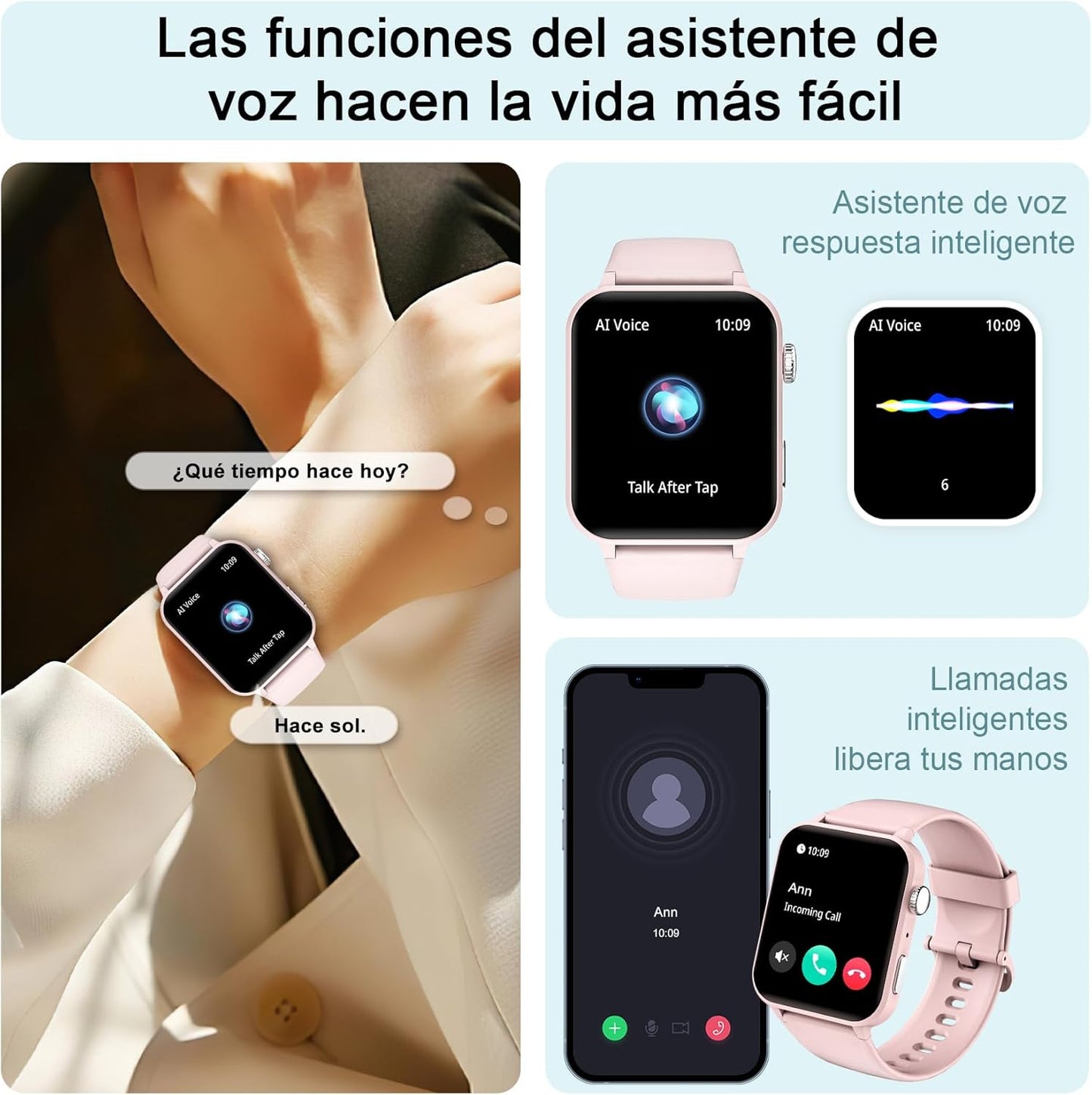 Reloj inteligente, pantalla HD 1.85", voz AI, + 100 modos deportivos.