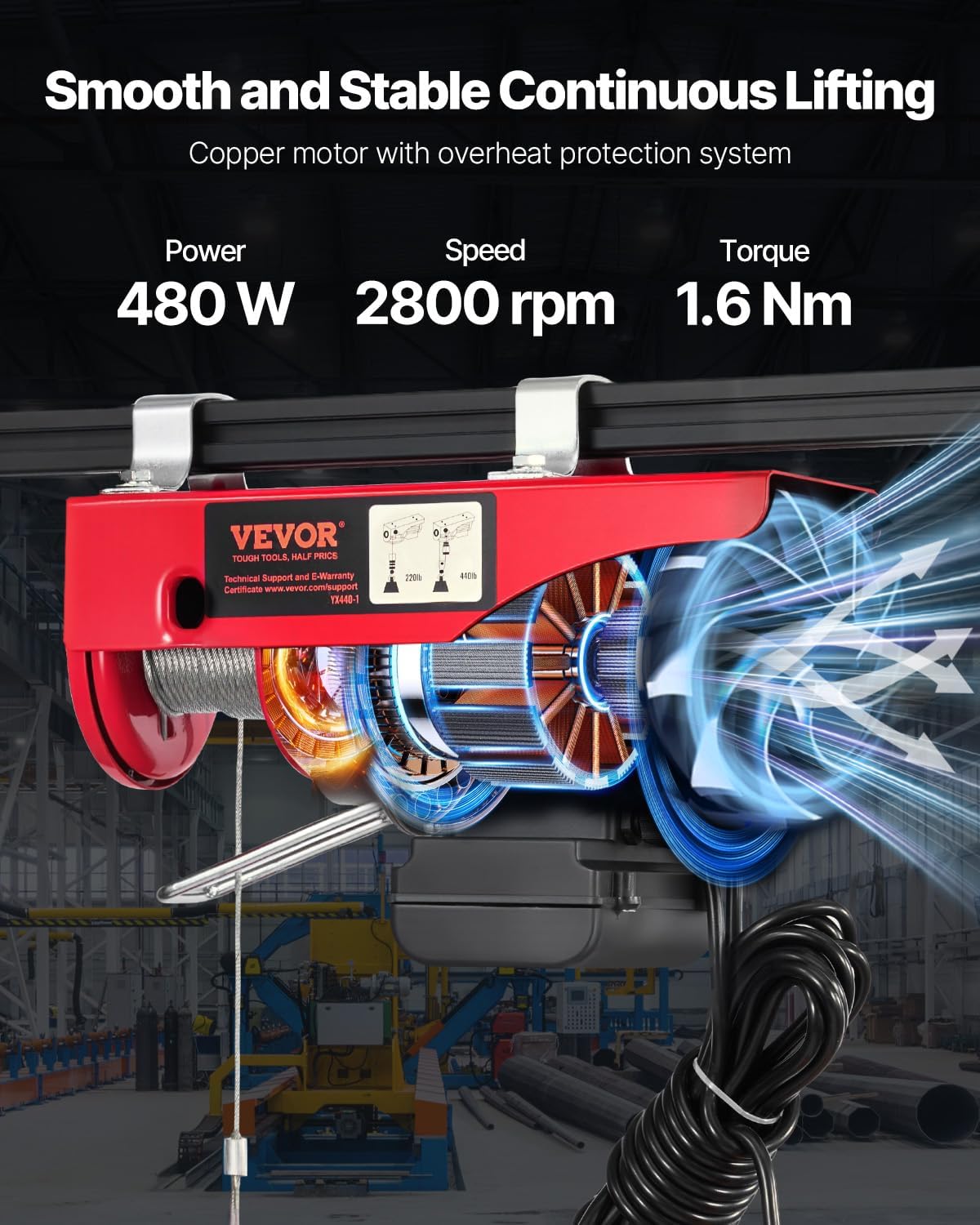 Polipasto eléctrico con control remoto, VEVOR, 440 lbs. 110 V.