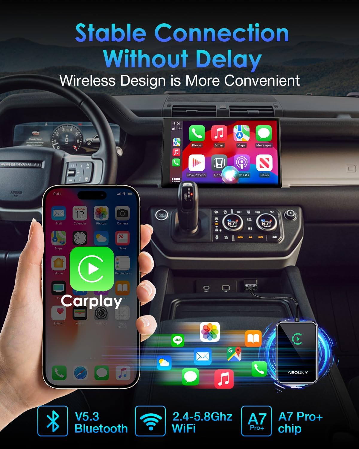 Adaptador inalámbrico CarPlay Plug and Play Asouny