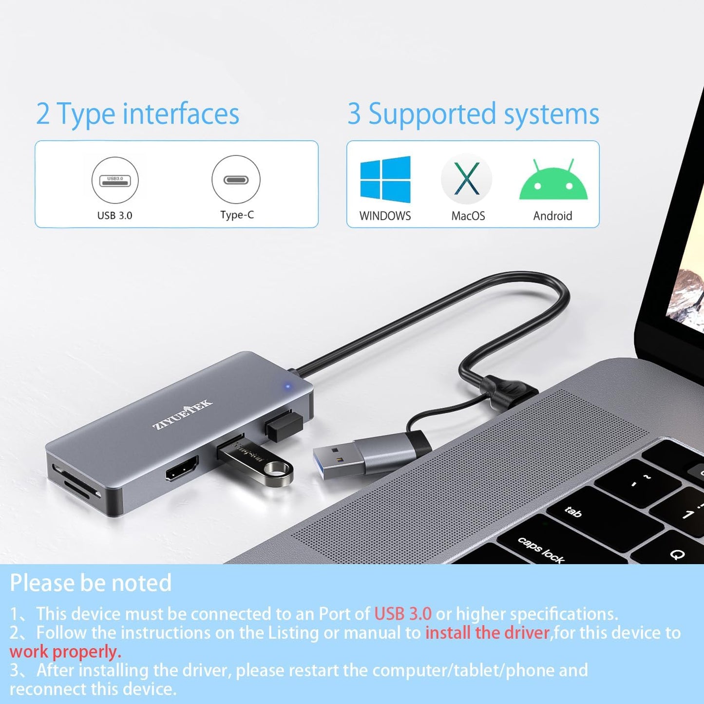 Adaptador USB 3.0 y tipo C a HDMI, 5 en 1, Docking Station.