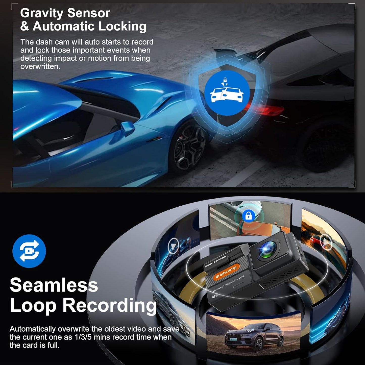 Dashcam, grabación en Bucle, Sensor G, WiFi 2K, Tarjeta SD 64GB.