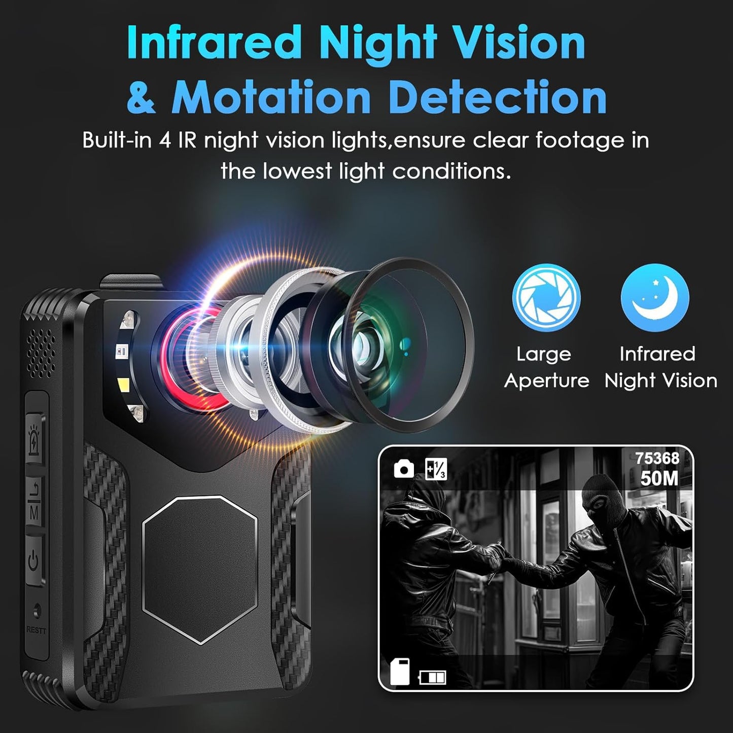 Cámara corporal con grabación de audio y video, 4K, 1080P.