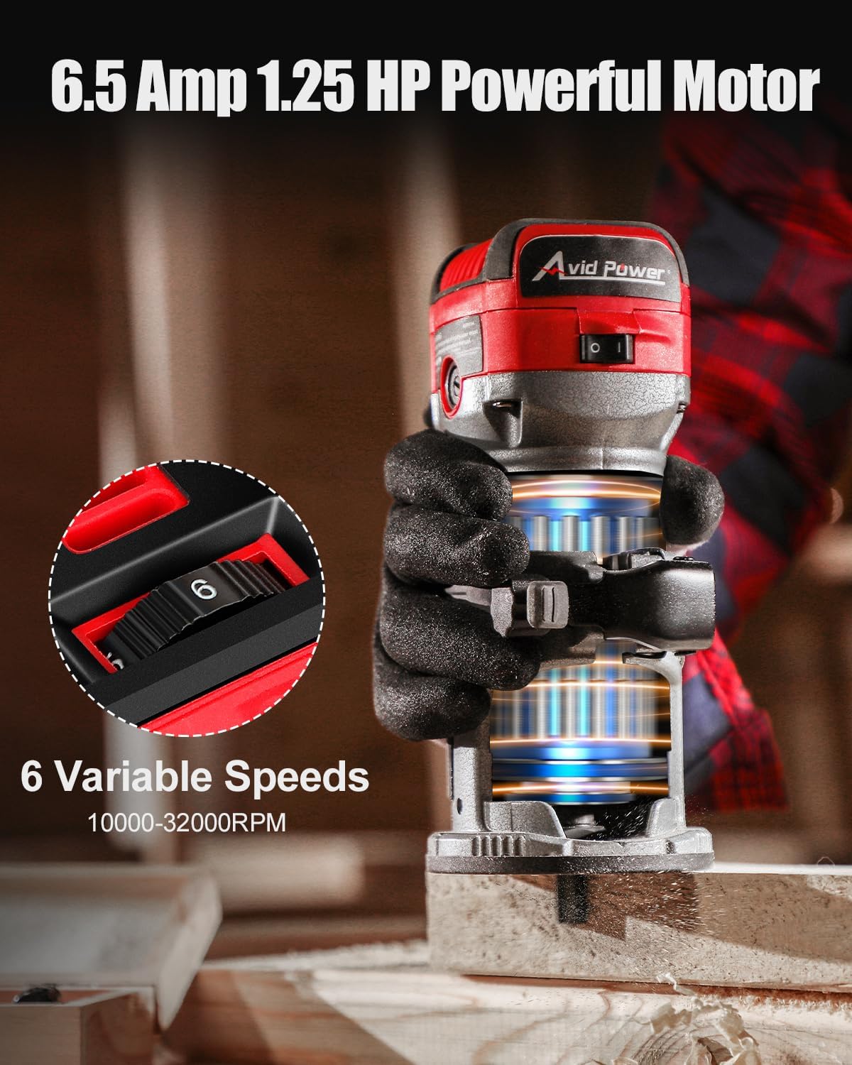 Herramientas de enrutador compacto de 6,5 amperios y 1,25 HP AVID POWER