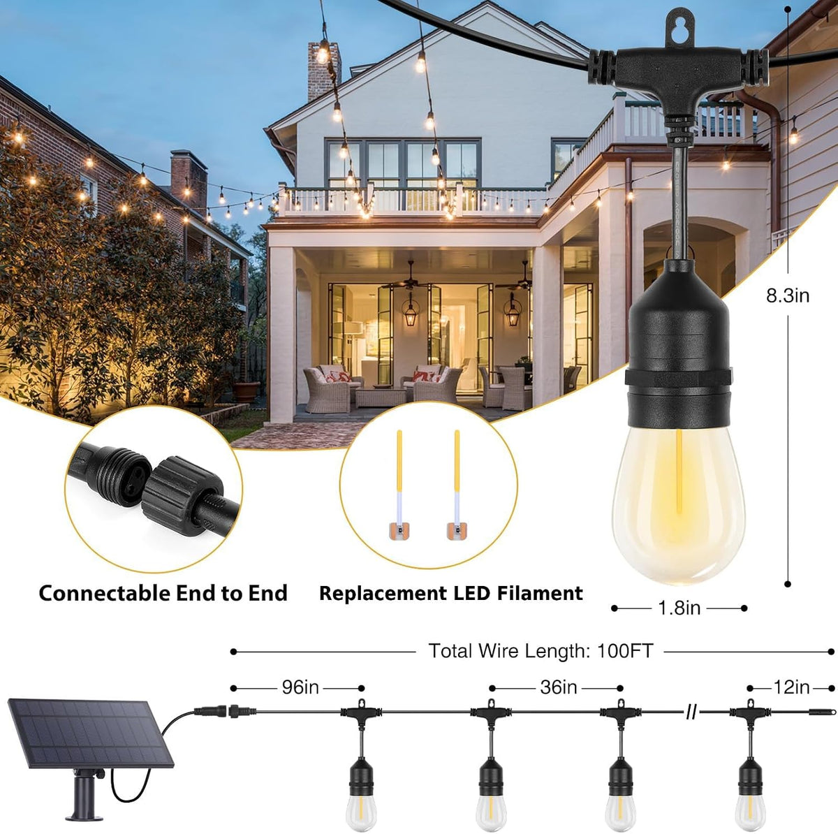 Cadena de luces solares ZJOJO con bombillas Edison para exterior — vista 2