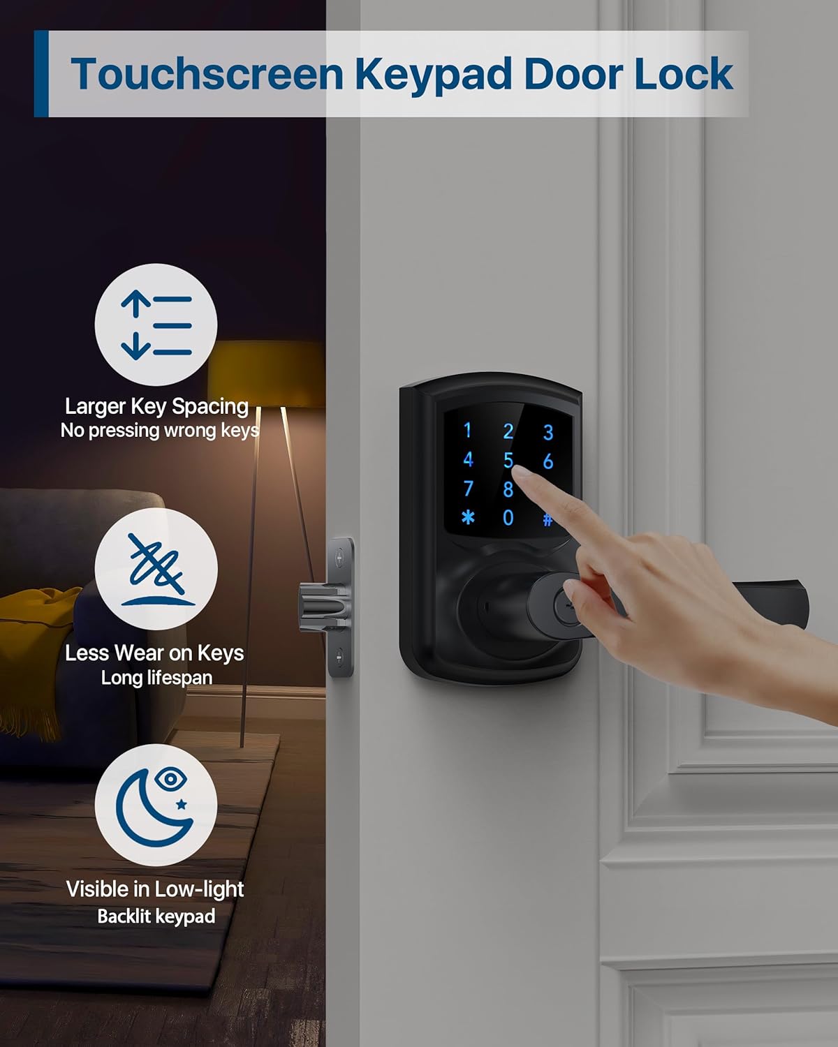 Cerradura de puerta inteligente, sin llave con teclado y asa visualización táctil.
