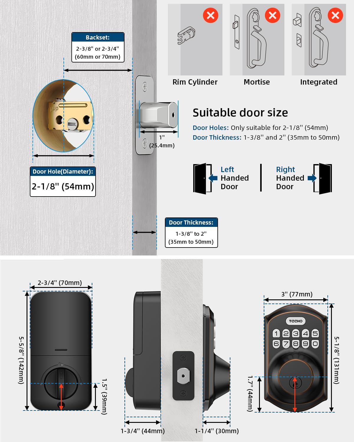 Cerradura inteligente sin llave, con teclado, con 2 llaves, TEEHO TE001