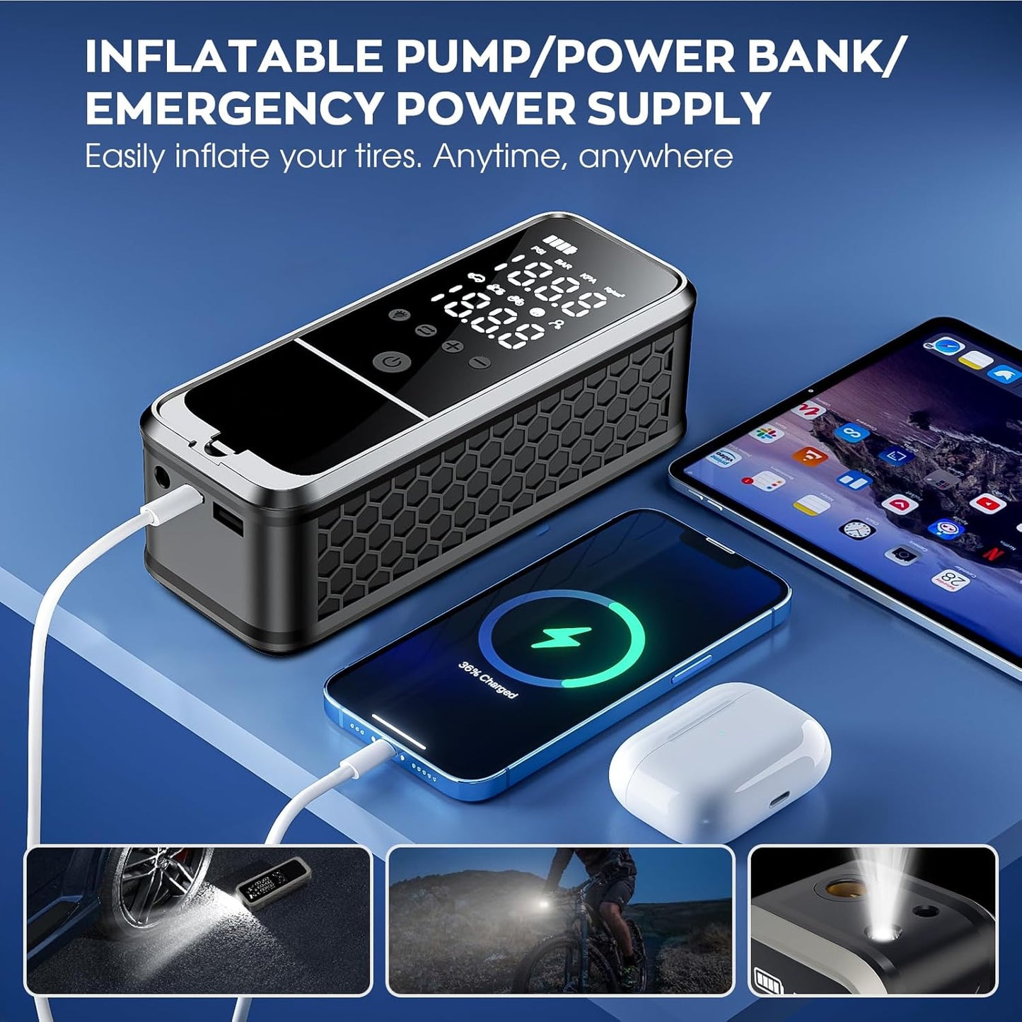 Inflador de neumáticos, portátil, con luz LED de emergencia (USADO).