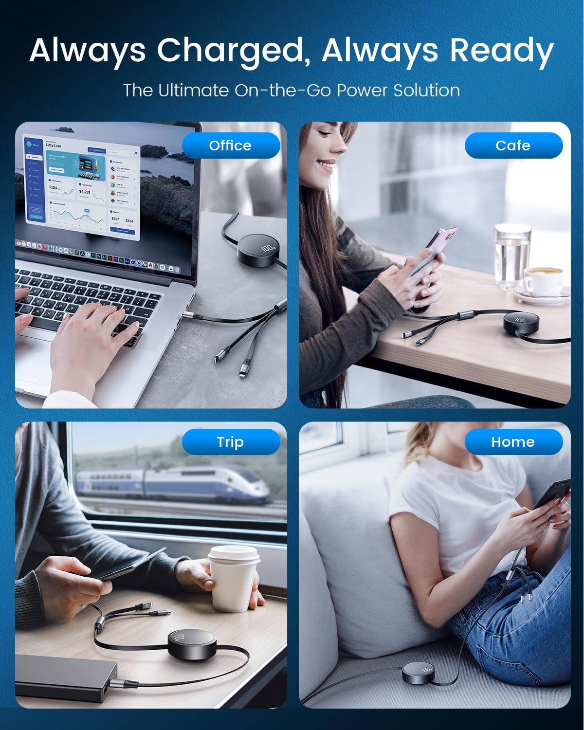 Cable de carga múltiple de 100 W, retráctil, Cafele 3 en 1.