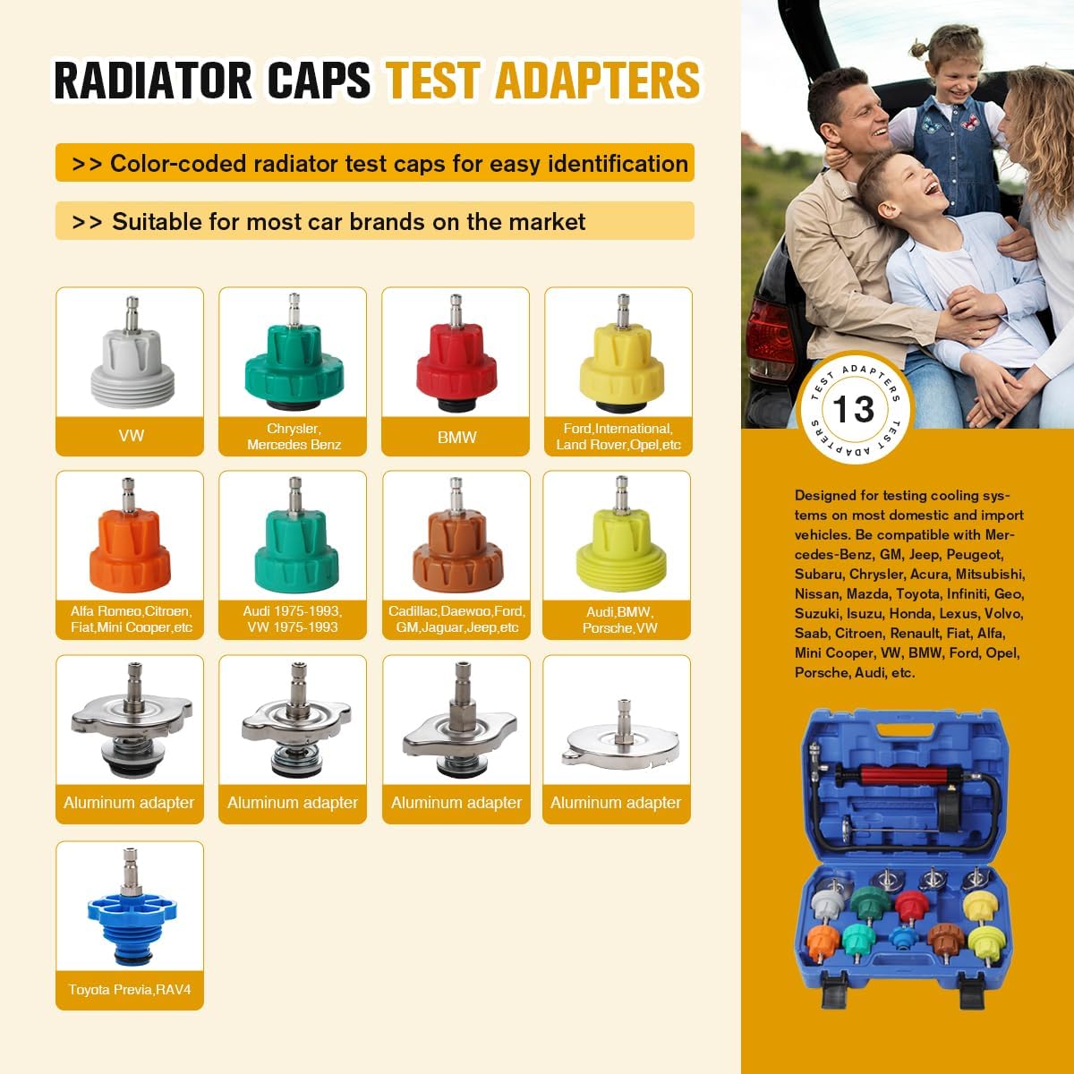 Kit probador de presión, radiador, carga refrigerante, det. fugas.