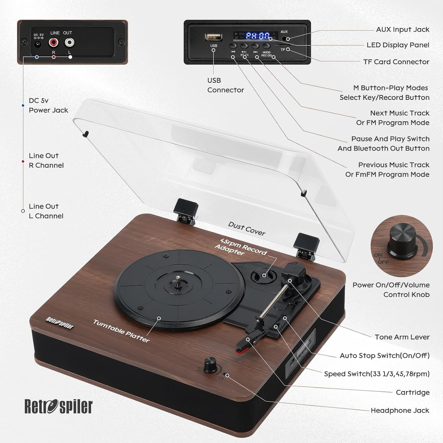 Tocadiscos Retrospiler, con Bluetooth, Radio FM, USB, SD Y MP3.