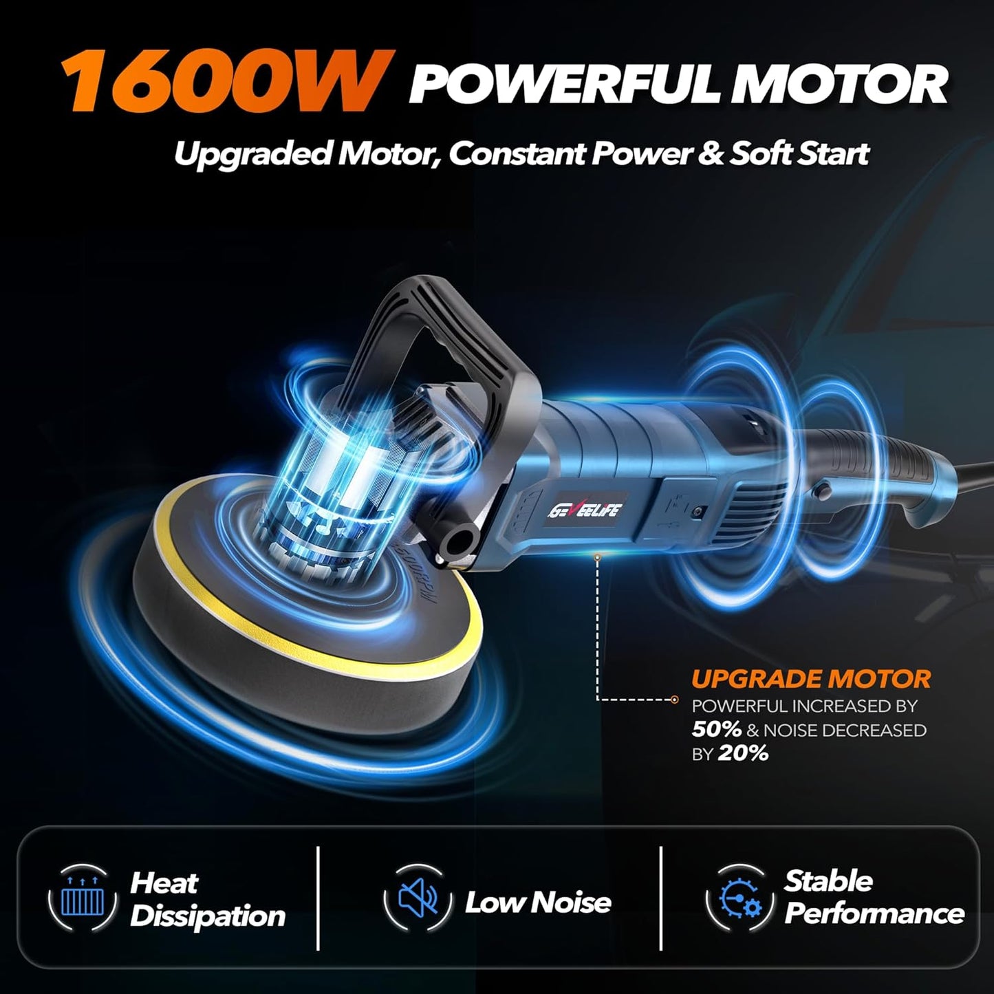 Pulidora de búfer rotatoria de 1600 W, mango desmontable, 7 vel.