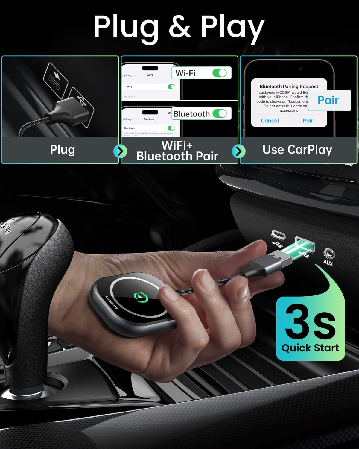 Adaptador inalámbrico CarPlay, SMQMAW, para Apple iPhone iOS.