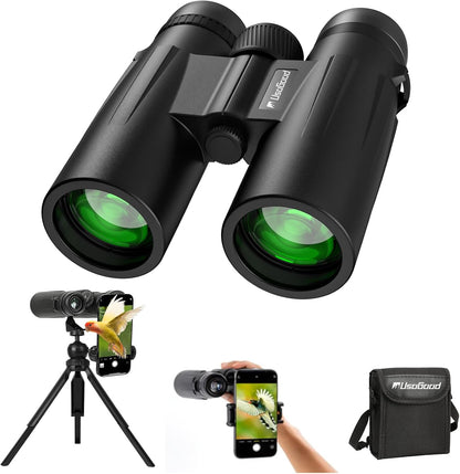 Binoculares HD de 12 x 42, trípode y adaptador de trípode.