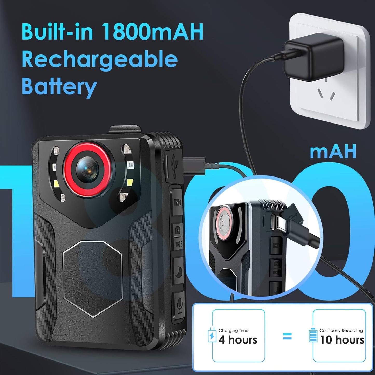 Cámara corporal con grabación de audio y video, 4K, 1080P.