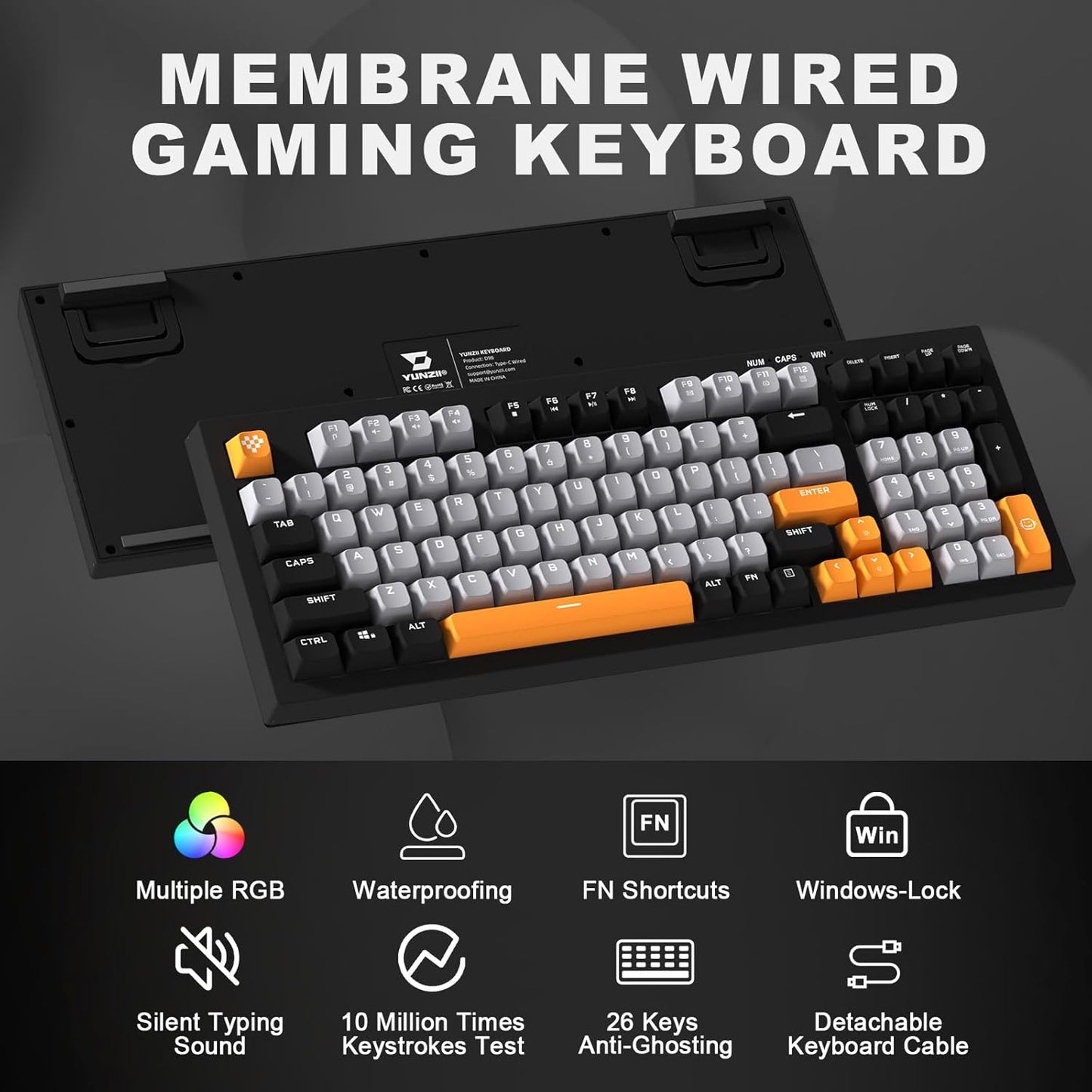 YUNZII D98 - Teclado de membrana para juegos, retroiluminación.