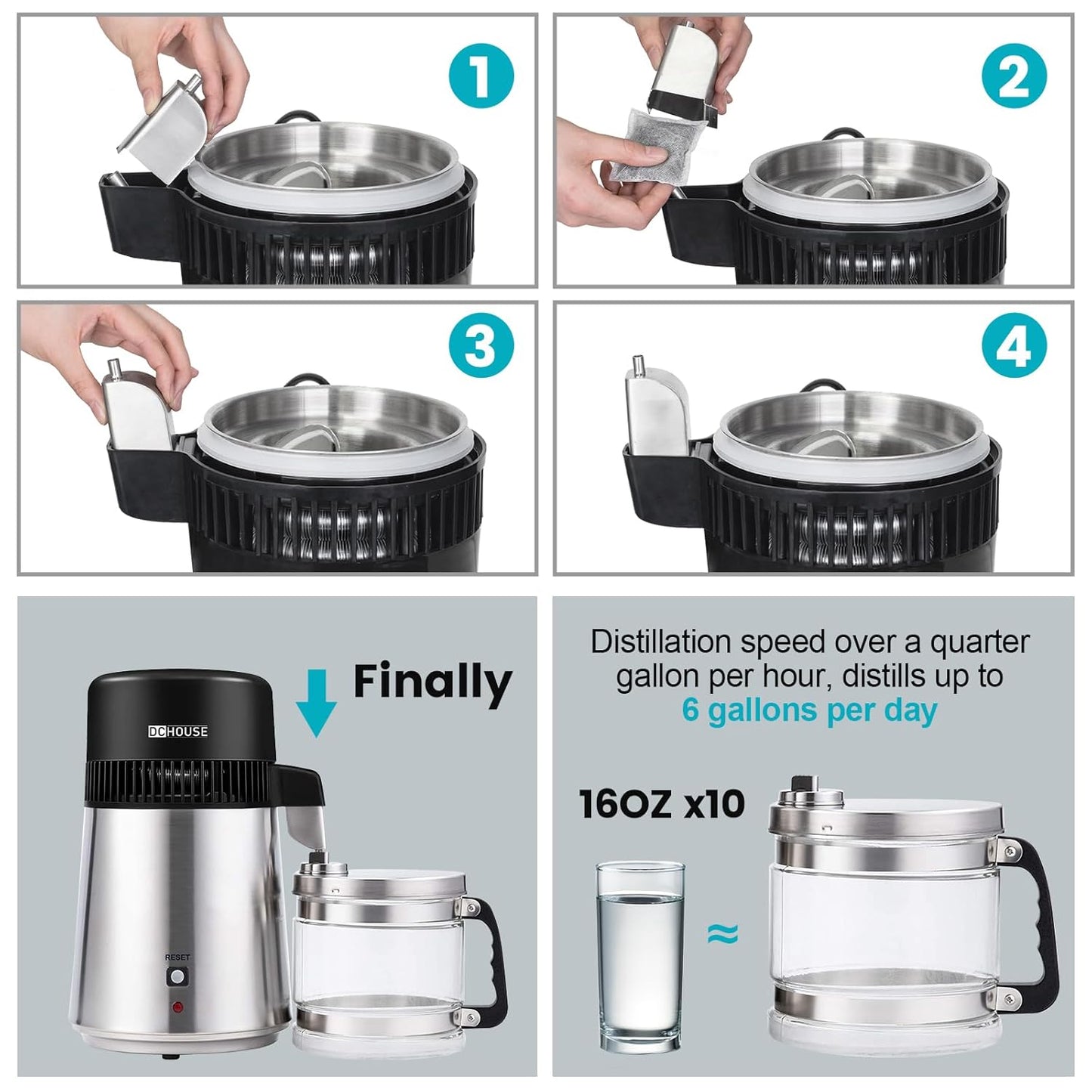 DC HOUSE, Destilador de agua, acero inoxidable, 1GAL. (USADO)
