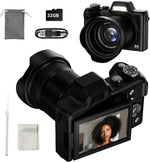 Cámara digital 4K para fotografía, pantalla 180°-3", zoom 16X, 32 GB